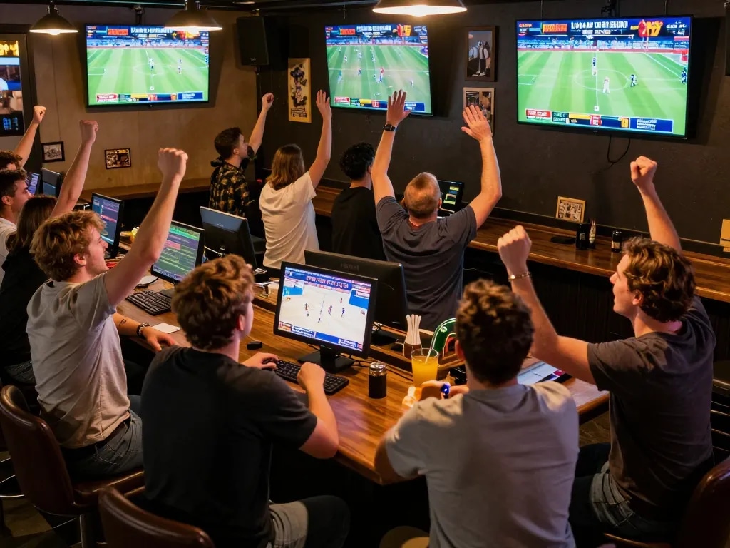 A group of friends celebrating their winning bets while watching live sports via 77bet app in a lively bar atmosphere.