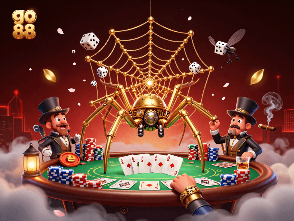 Engage with go 88's vibrant casino world, featuring a steampunk spider and card games.