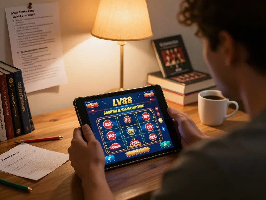 Player engaging with LV88 online casino on tablet, highlighting strategic gameplay in cozy home setting.