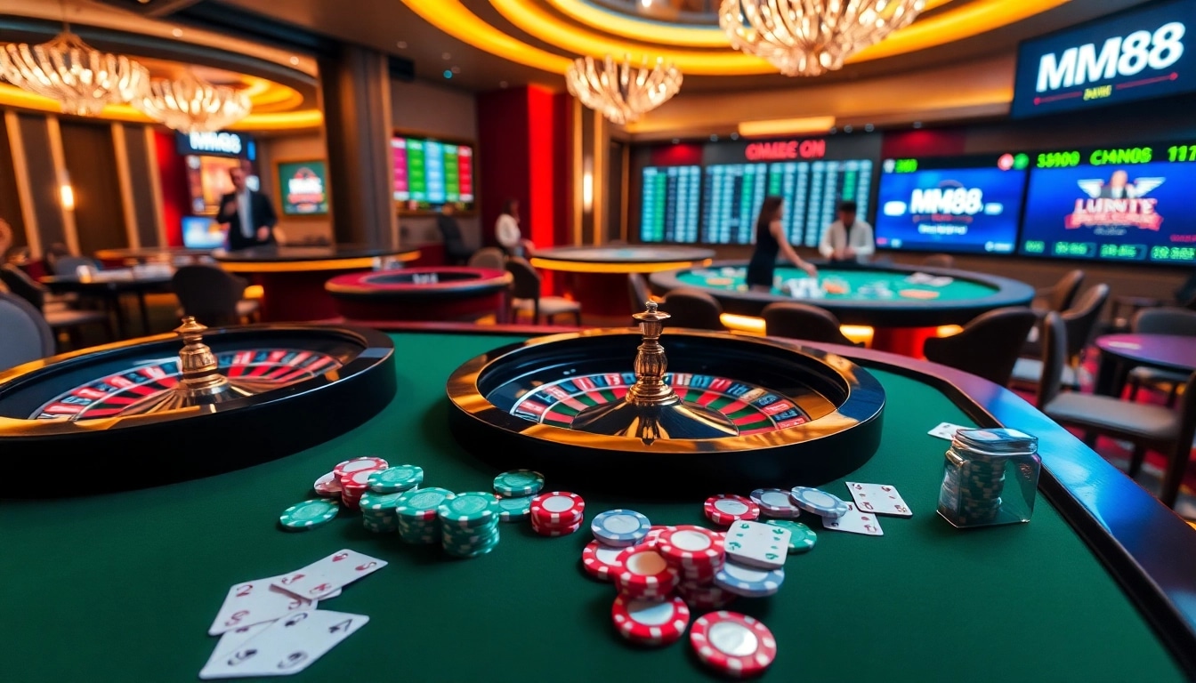 Engaging game interface displaying mm88 link with vibrant casino elements like chips and a roulette wheel.