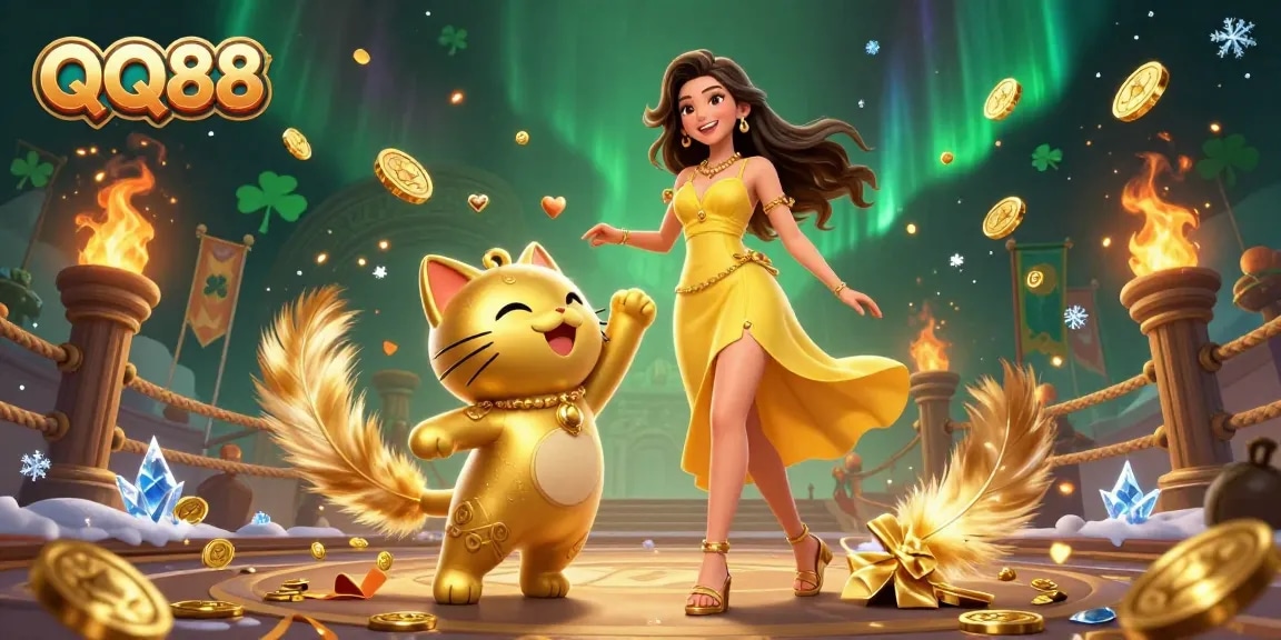 Engaging with QQ88, a cheerful Asian woman interacts with a lucky cat surrounded by vibrant casino elements.