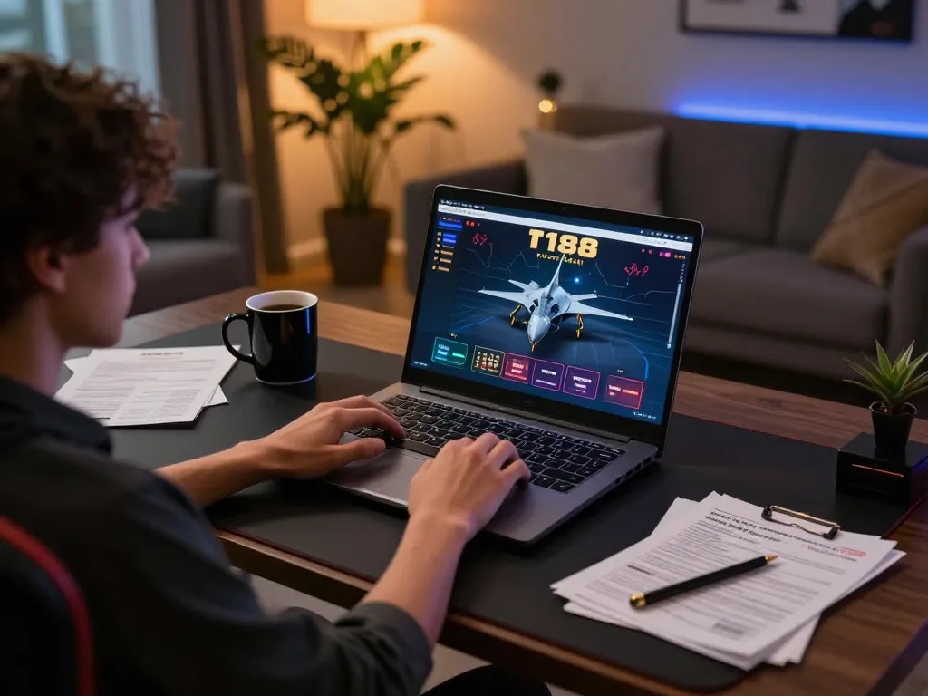 Player engaging with f168 online casino gaming on a sleek laptop in a stylish home office.