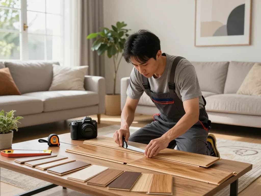 Flooring specialists near me demonstrating hardwood floor installation in a modern living room.