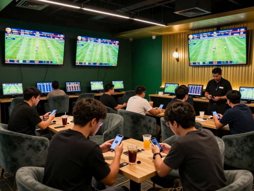 Engaged bettors analyzing kèo nhà cái odds at an exciting sports betting lounge.