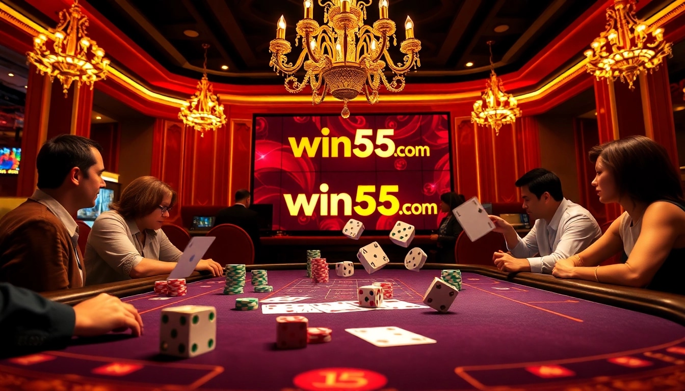 Experience excitement at win55 com with vibrant casino gameplay, including poker chips and cards.