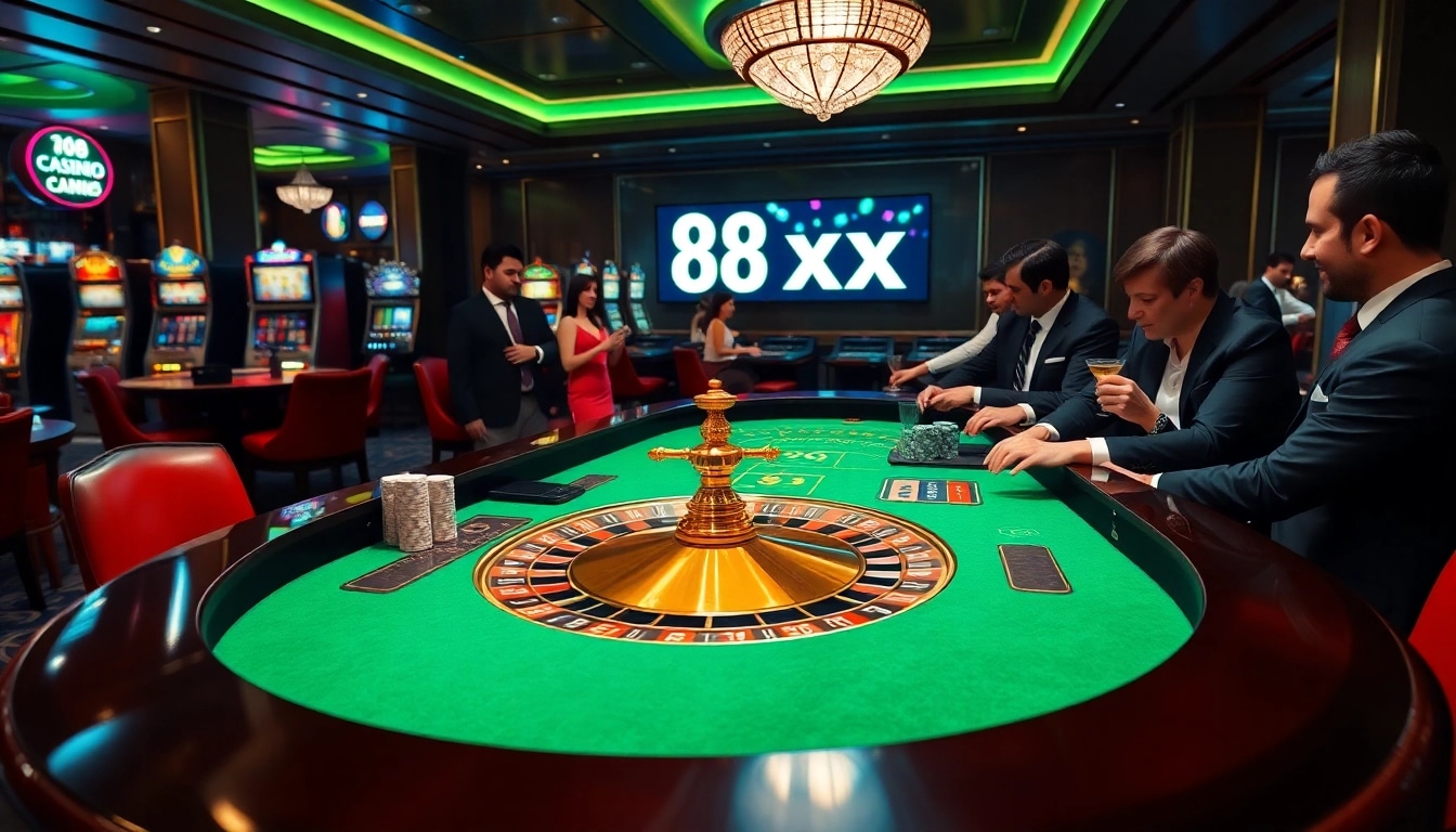 Engage with an exciting casino scene showcasing 88xx as players bet at a roulette table.