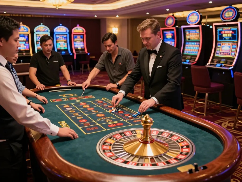 Players engaging at the roulette table at fly88 com casino, capturing the excitement of wagering.