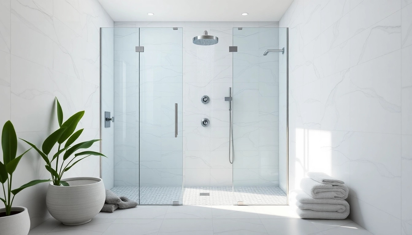Experience elegant showers with modern fixtures and serene design elements in a luxurious bathroom.