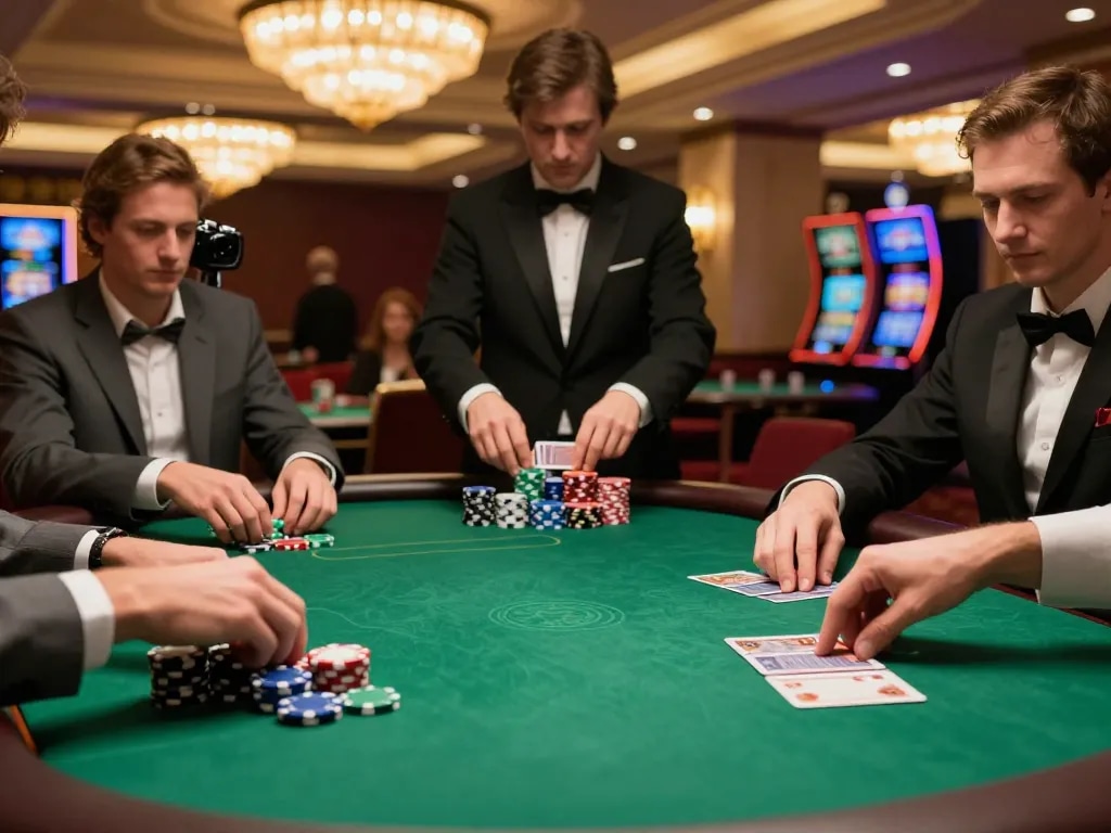 Poker players calculating strategies with SC88 chips at a luxe casino table.