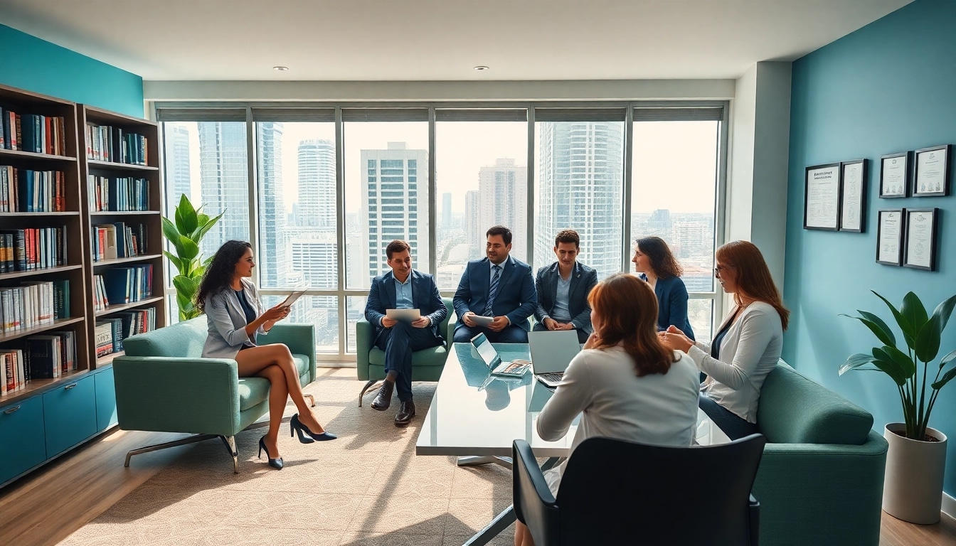 US immigration law firm consultation in a modern office with diverse lawyers.