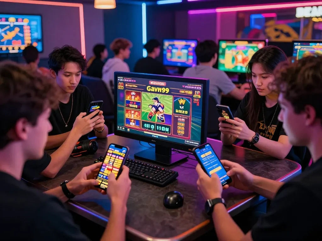 Gavn99 app users enjoying vibrant online gambling in an exciting urban lounge setting
