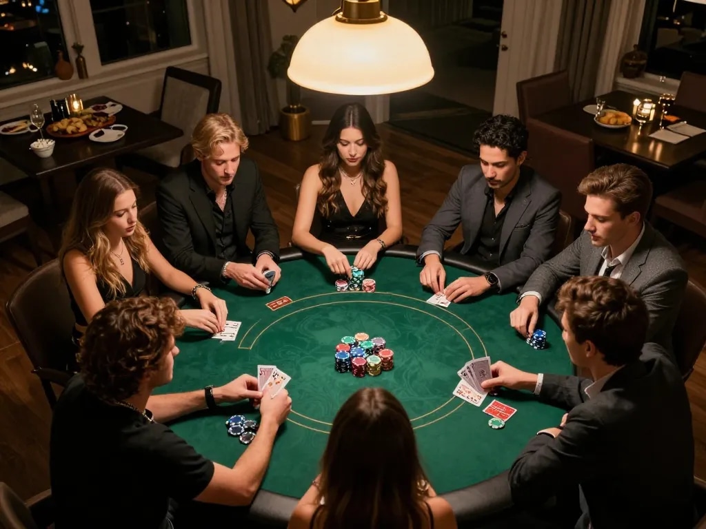 Players engage in strategic poker gameplay during a home game night, showcasing keo nha cai dynamics.