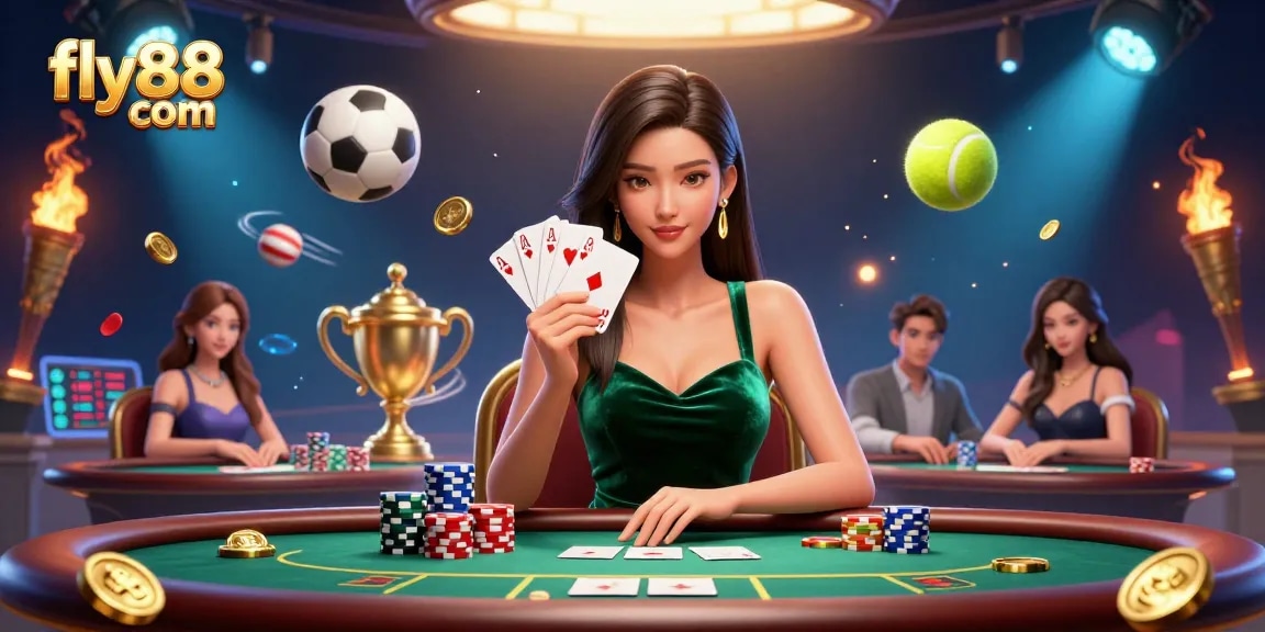 Experience gaming excitement at fly88 com with an elegant player at a poker table surrounded by dynamic sports elements.