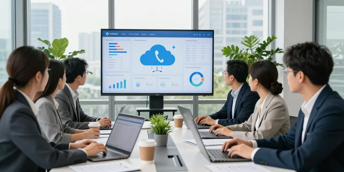 Business team discussing cloud business phone system features in a modern office