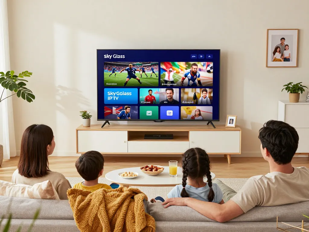 Family enjoying Sky Glass IPTV Subscription in a cozy living room with Smart TV streaming exciting content.