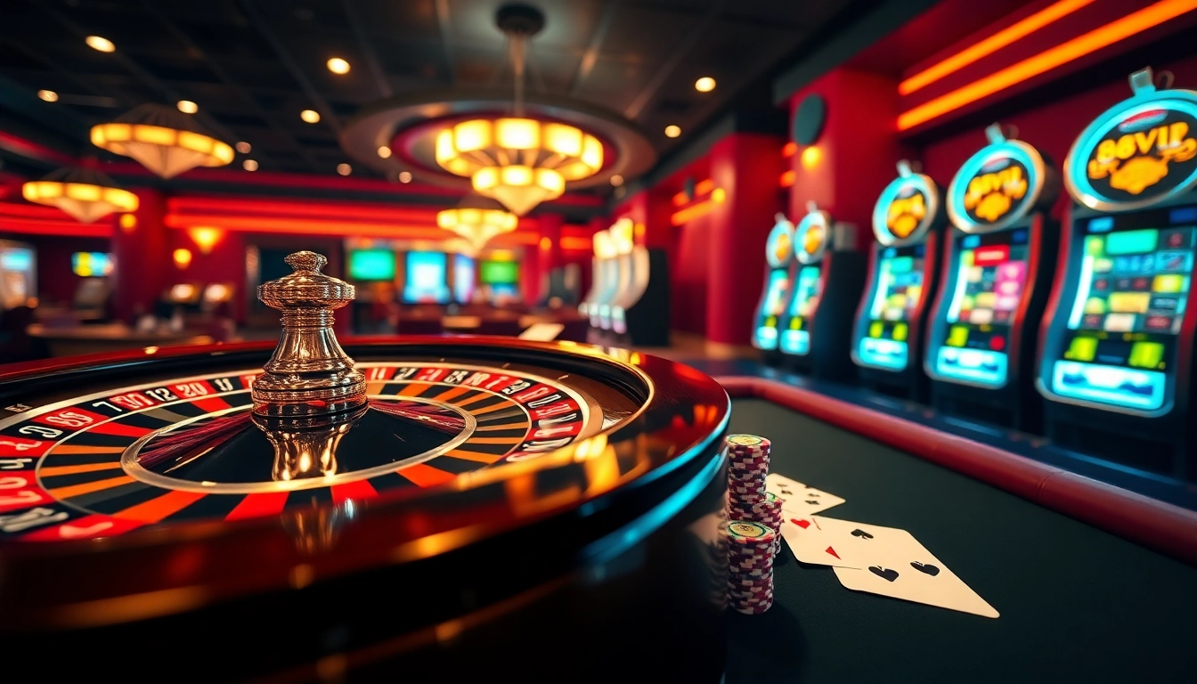 Experience the thrill of 68VIP withcards, chips, and a glowing roulette wheel in a luxurious casino setting.