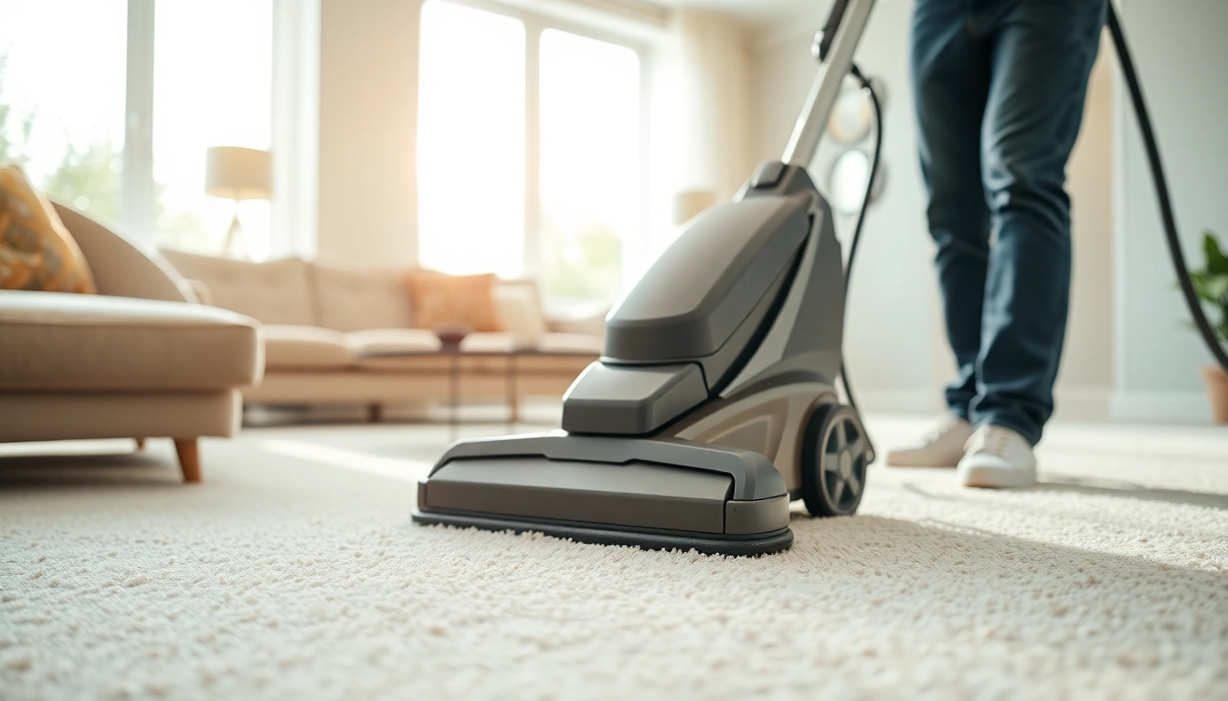 Expert carpet cleaners in Glasgow professionally cleaning a living room carpet.