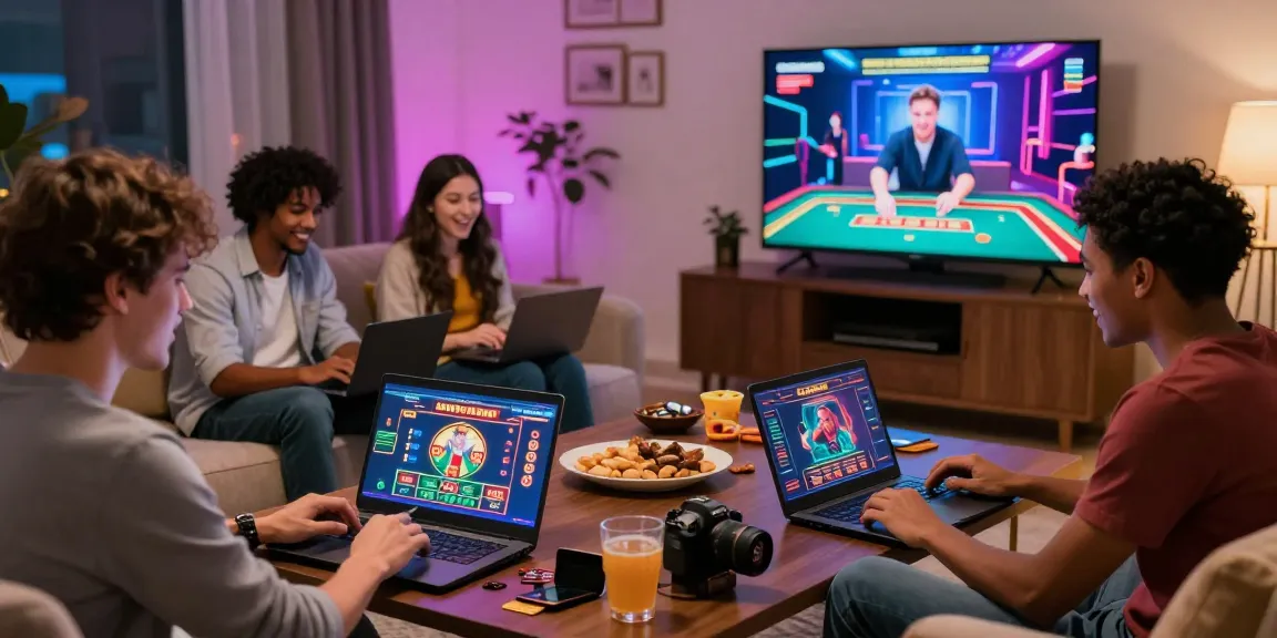 Friends enjoying a lively credit card casino gaming session, celebrating wins and deposits in a vibrant living room.