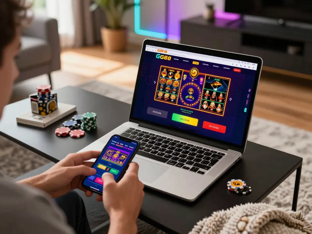 Player engaging with GG88 casino app on laptop and smartphone, showcasing a lively home gaming scene.