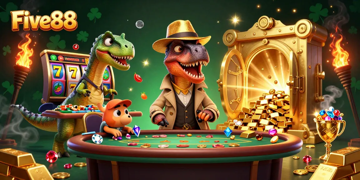 Five88 casino scene with a velociraptor card counter and stegosaurus pit boss at a blackjack table.