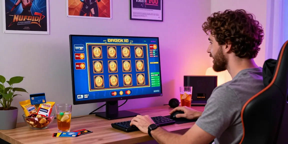 Exciting gameplay at online casinos that accept credit cards featuring colorful credit cards and a cozy home office setting.