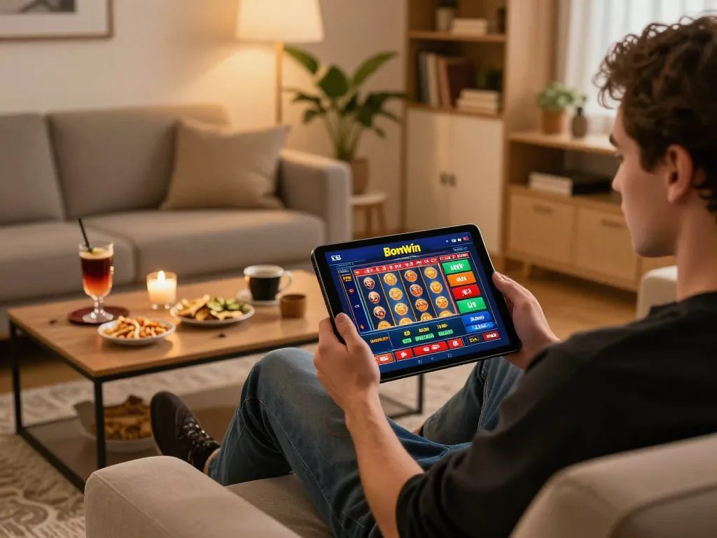Gamers enjoying Bomwin casino games on a tablet at home in a cozy setting with snacks and drinks.