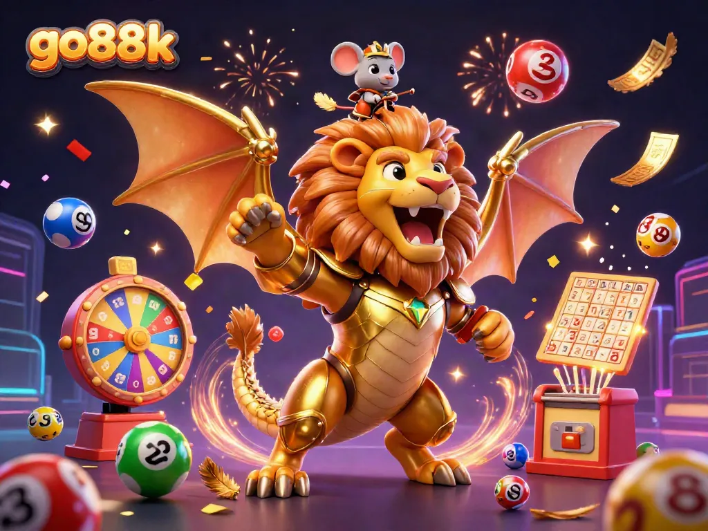Experience thrilling wins at go88k with a chimera creature, colorful lottery elements, and dynamic casino vibes.