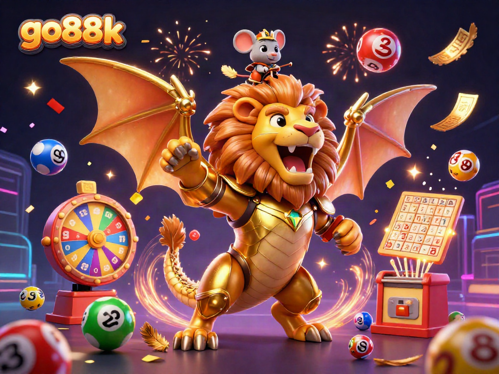 Experience thrilling wins at go88k with a chimera creature, colorful lottery elements, and dynamic casino vibes.