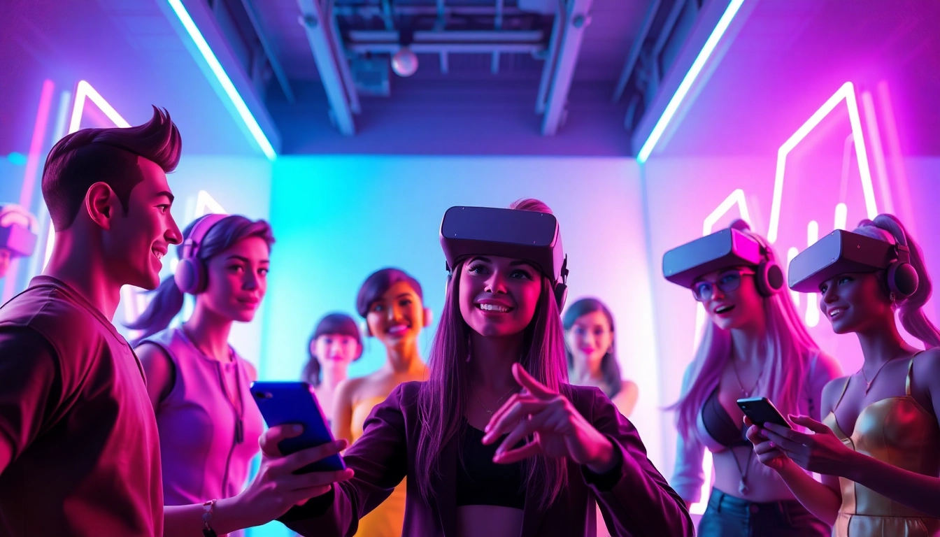 Exciting NSFW AI chat scene showcasing animated characters in a vibrant, futuristic digital environment.