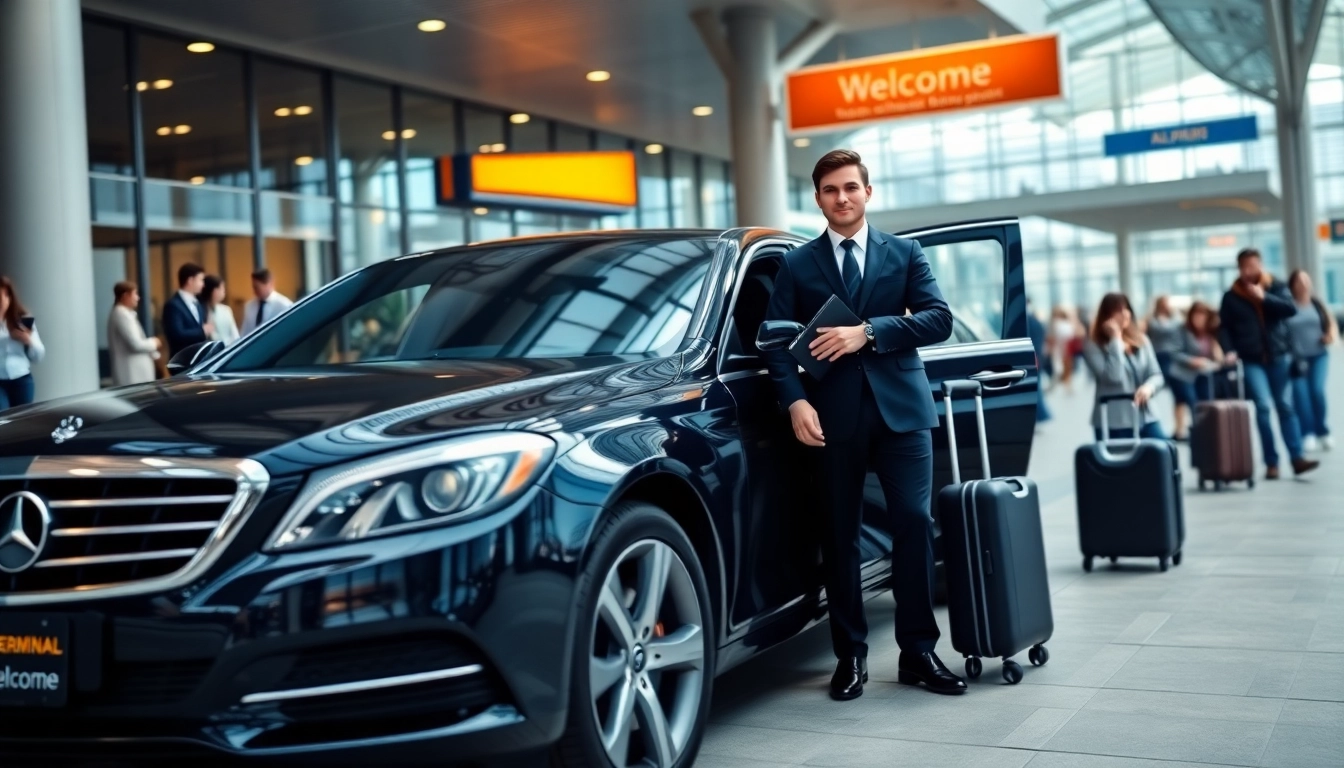 Experience seamless airport transfers with professional drivers and premium vehicles outside a busy terminal.