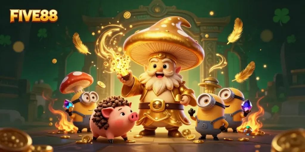 Experience the magic of FIVE88 with a golden mushroom wizard and treasure-filled scene in vibrant 3D.