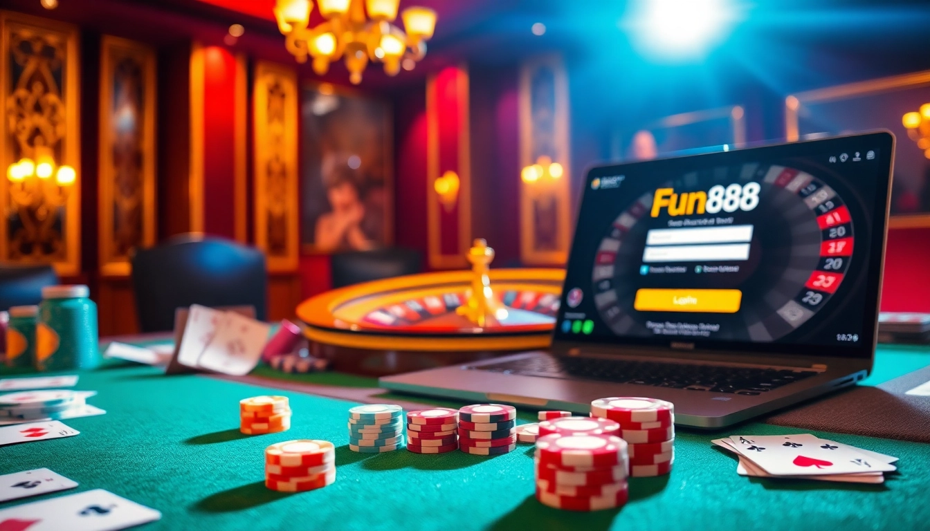 Experience thrilling fun88 đăng nhập with vibrant casino games and an elegant poker table setting.