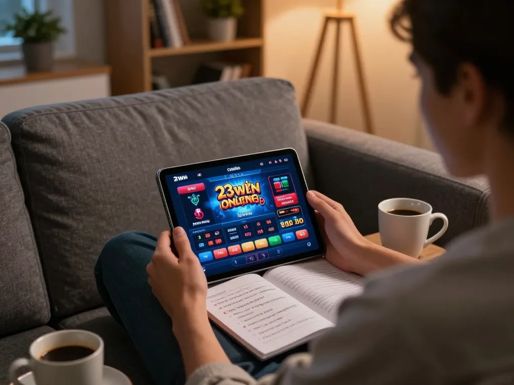 Player enjoying 23win online casino on tablet while seated at home with strategic notes.