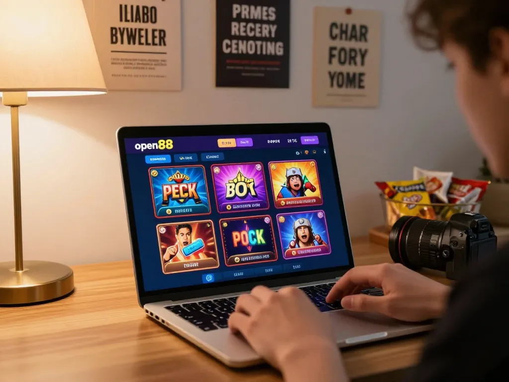 Engaging with open88 on a laptop in a cozy home setup for strategic online gaming