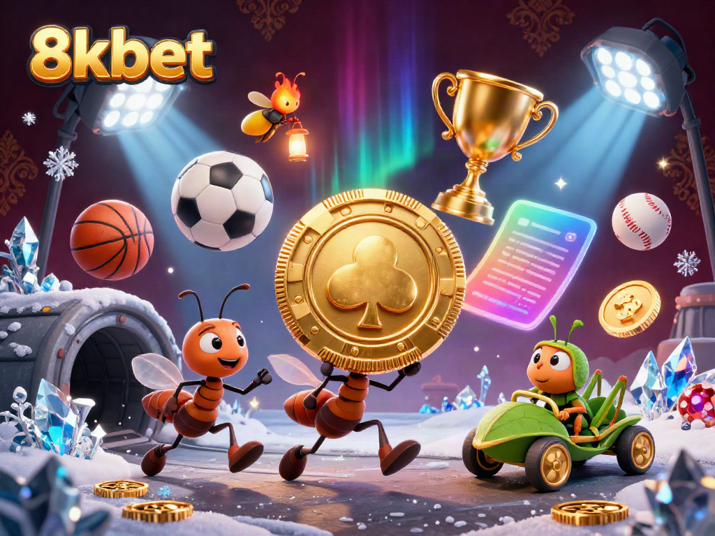 8xbet ants running a heist with a golden poker chip in a dynamic casino atmosphere.