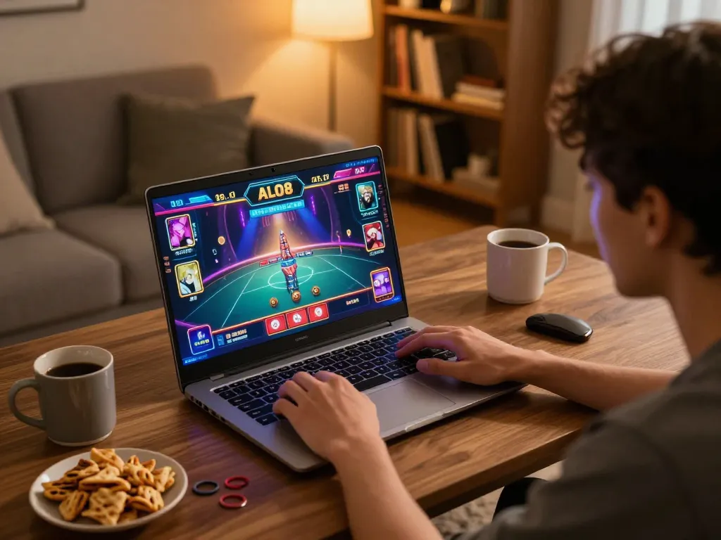 Player enjoying ALO8 online casino game in cozy home setup with snacks and warm lighting