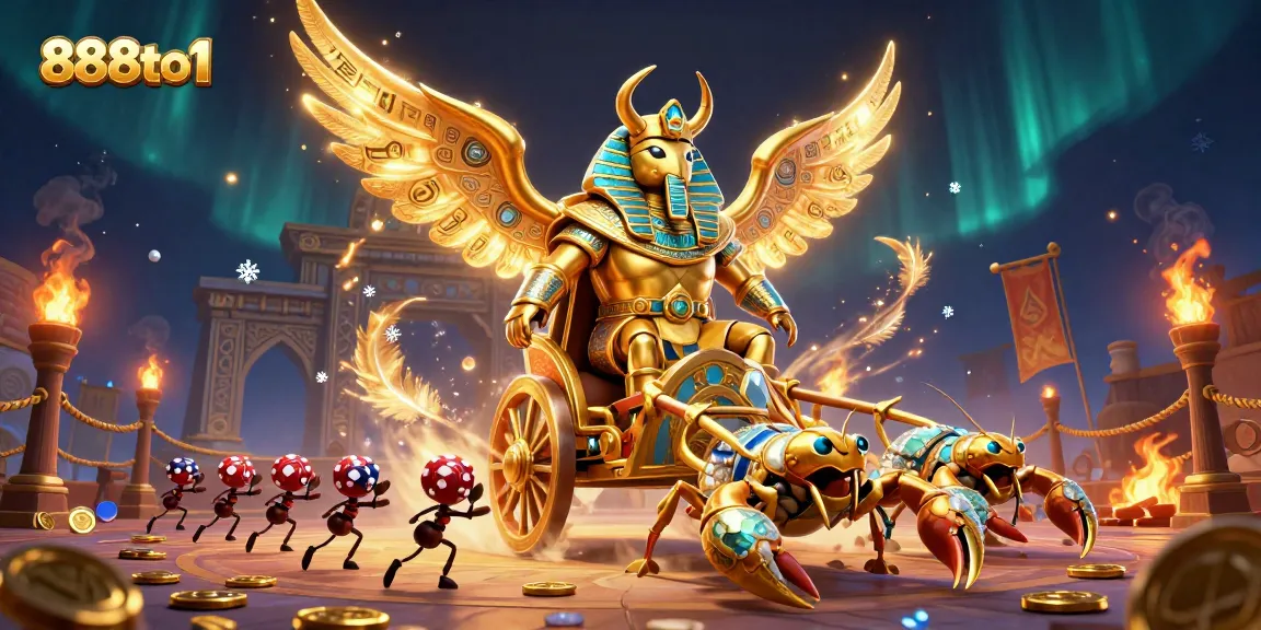Experience the thrill of 888to1 with a dynamic illustrated scene of a golden scarab beetle overseeing a vibrant casino