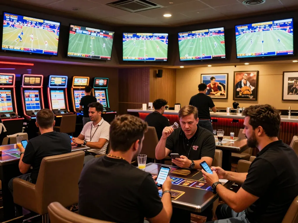 Engage in exciting sports betting at Hit Club, as fans cheer while placing wagers.