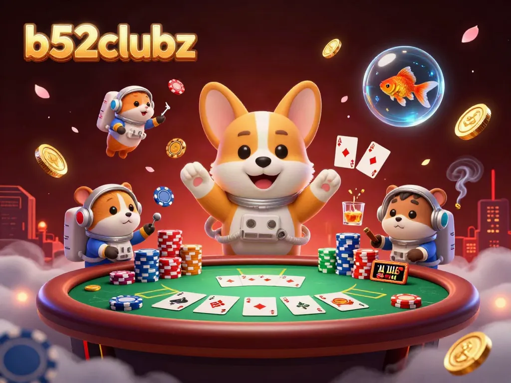 Engage in thrilling gambling at b52clubz with floating poker chips and cosmic characters.