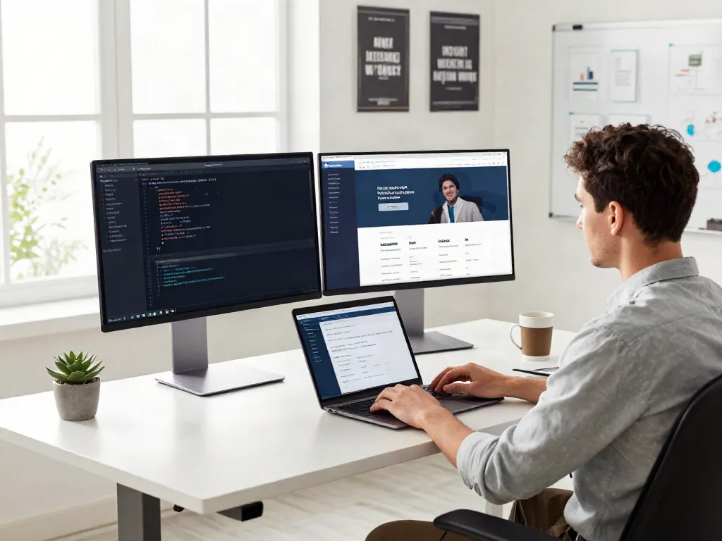 Developer utilizing instant indexing tools on a laptop in a bright tech workspace.