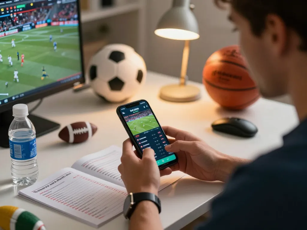 Engaged bettor analyzing odds from mobile app for soi keo nha cai, showcasing strategic online gambling.