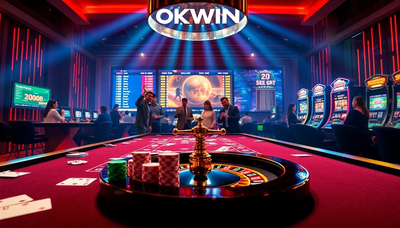 Players engaging in thrilling gameplay at OKWIN's luxurious online casino, featuring a bustling atmosphere with vibrant lights and betting options.