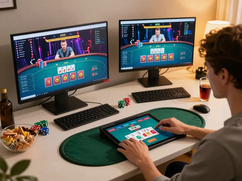 Player engaging in strategic gameplay on BL555 poker interface with vibrant screen setup
