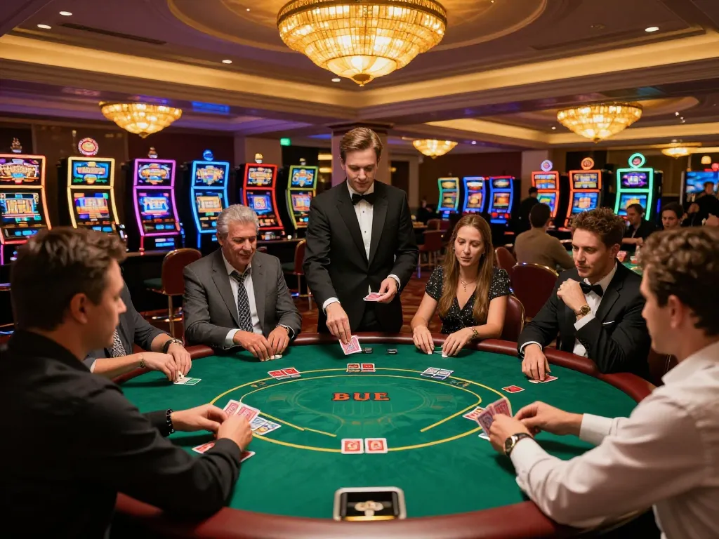 VT88 players enjoying an intense poker game in a vibrant casino at night with elegant atmosphere