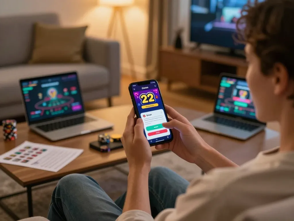 Tải app 22bet on mobile device showcases fast betting experience in a stylish home setting.