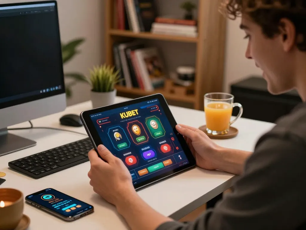 Kubet casino player engaging with online gaming app on tablet during a strategic session
