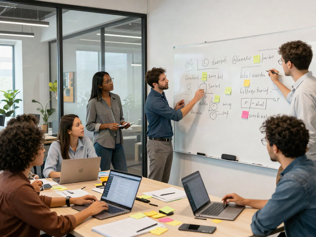 Team discussing creative ideas in a modern office on what do you think.