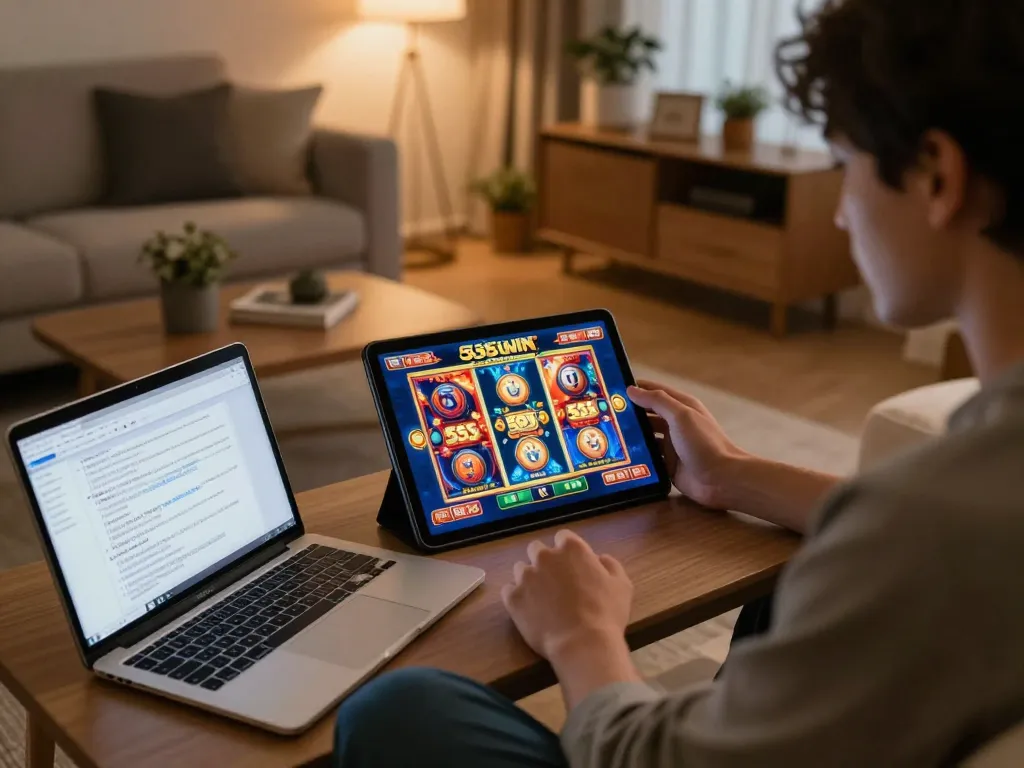 Engaged player enjoying gameplay on Nhà cái 555WIN mobile app at home, showcasing modern casino environment