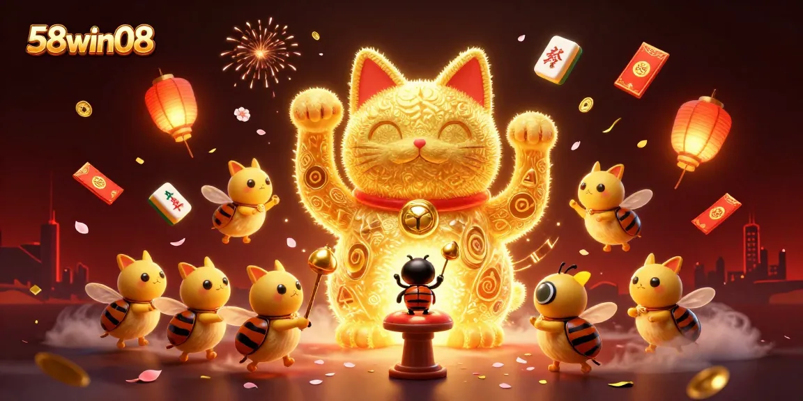 Experience thrilling gaming with 58win08's vibrant casino scene featuring a lucky cat and festive elements.