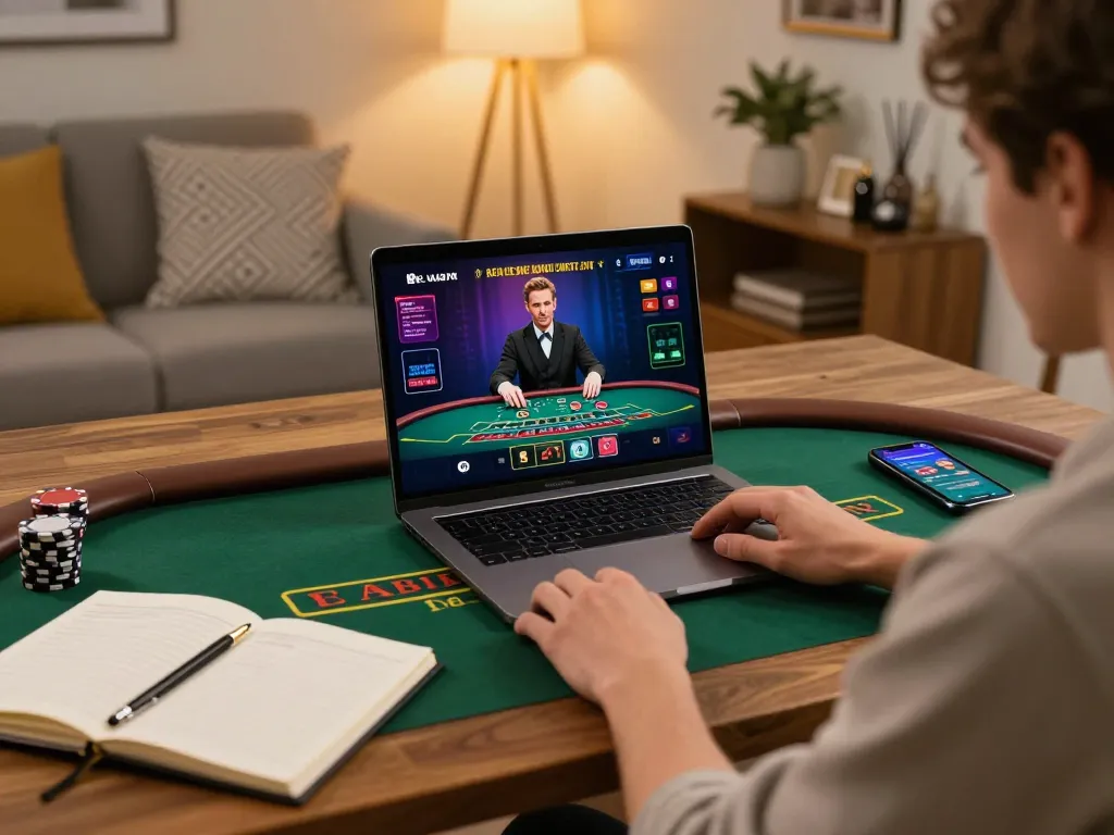 Engaged player on laptop interacting with live dealer for sc888 blackjack gameplay.